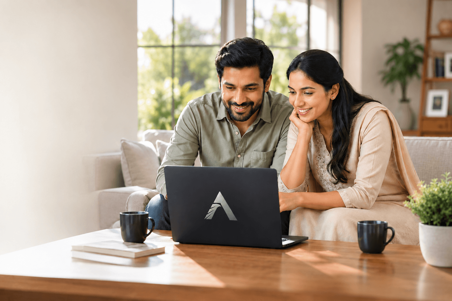 Smiling South Asian couple sitting on a couch, looking at a laptop screen together.