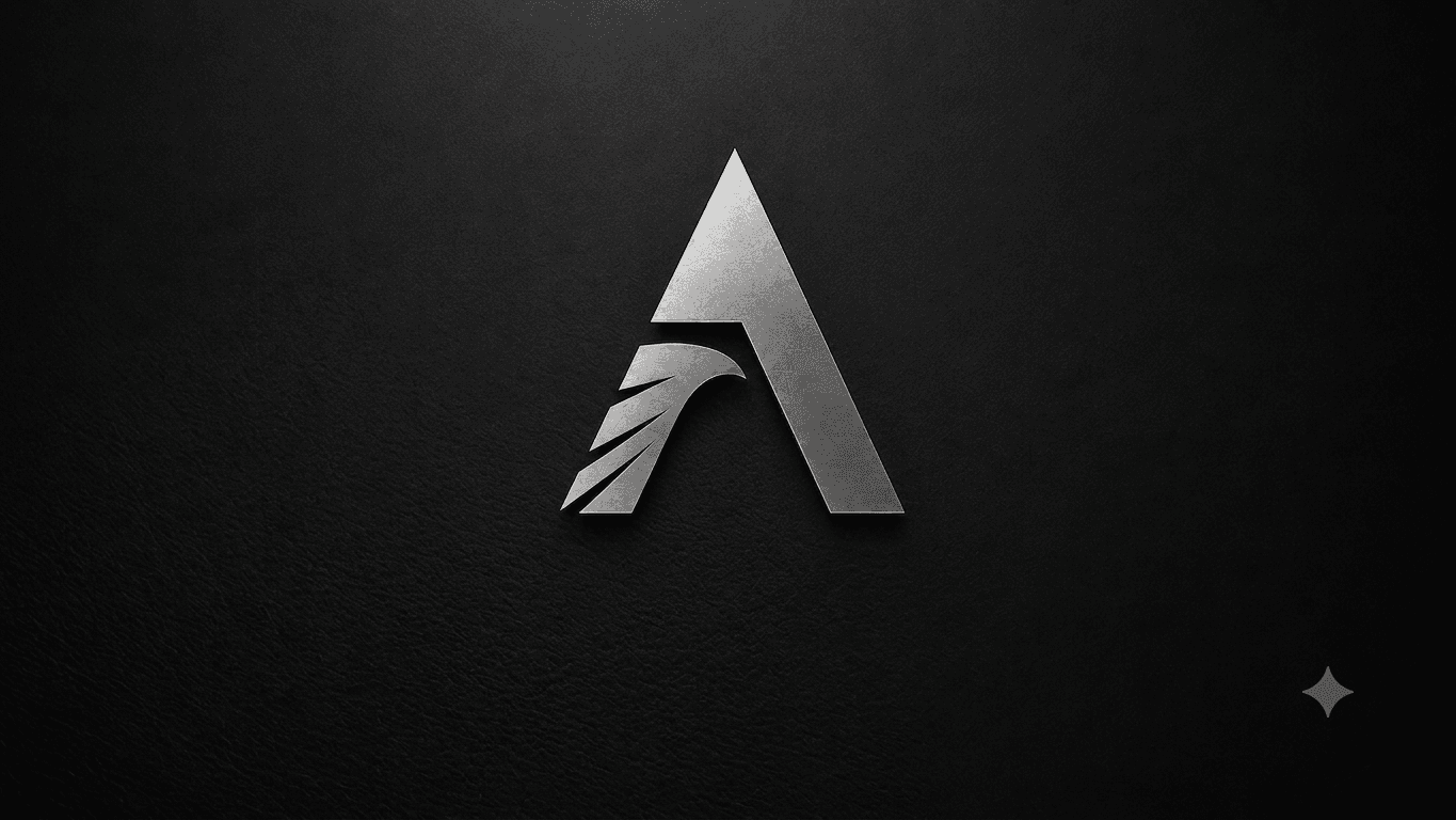 Metallic silver letter A logo with a wing design on a dark textured background.