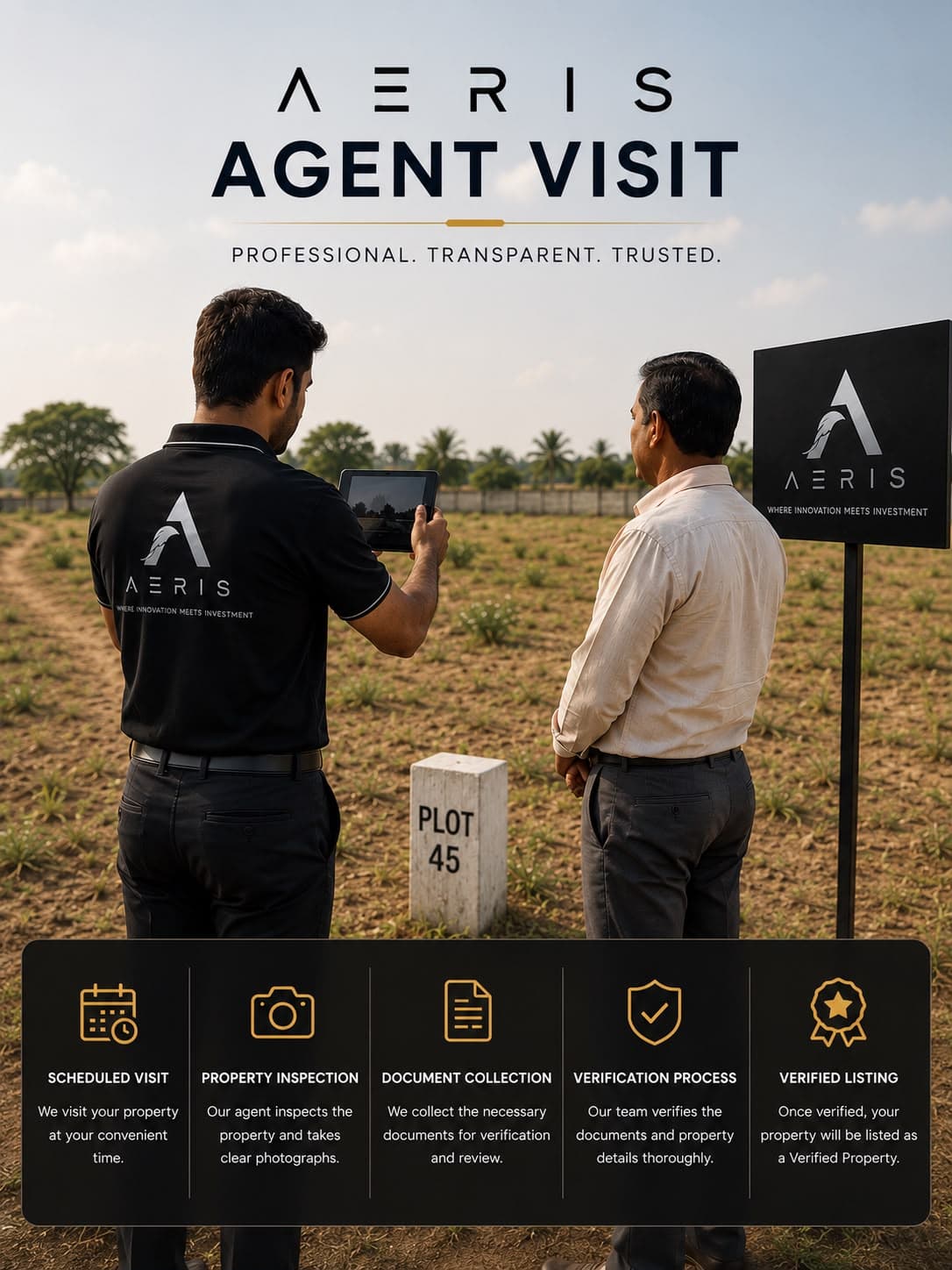 Aeris agent inspecting a land plot with a client using a tablet for verification.